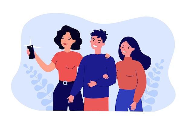 Cute cartoon couple taking selfie on phone with mother. Boyfriend, girlfriend and woman taking photo together flat vector illustration. Family, technology concept for website design or landing page