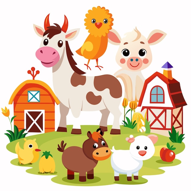 A cute cartoon cow calf sheep and a couple of chicks standing in front of a barn