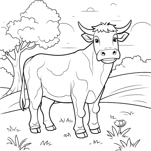 Cute cartoon cow for coloring page or book Black and white vector 10 EPS illustration