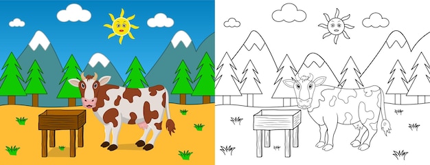 Cute cartoon cow coloring page with line art vector illustration