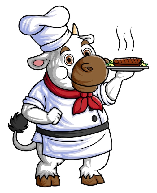 A cute cartoon cow smiling wearing a chef39s outfit