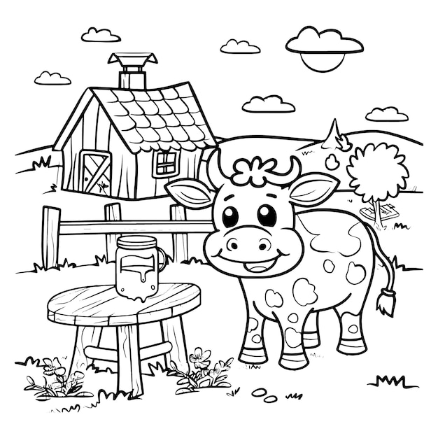 Vector cute cartoon cow standing in front of a farm with a milk can and table cow coloring page for kids