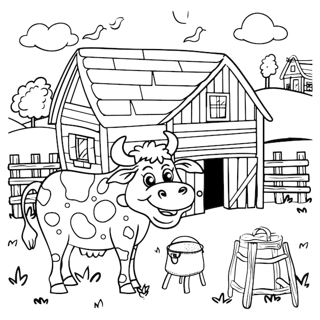 Cute cartoon cow standing in front of a farm with a milk can and table cow coloring page for kids