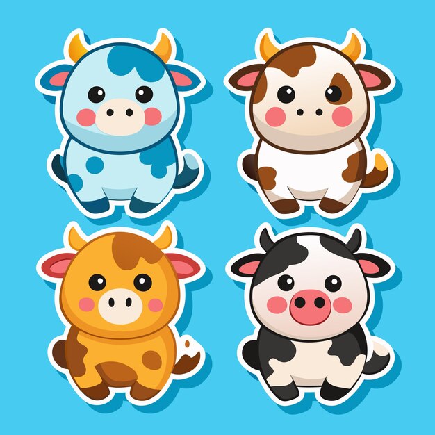 Vector cute cartoon cows in blue brown orange and black colors with white spots