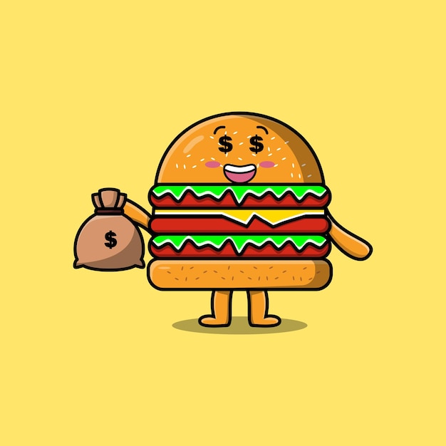 Cute cartoon Crazy rich Burger with money bag shaped funny in modern design illustration