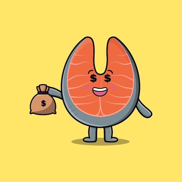 Cute cartoon Crazy rich fresh salmon with money bag shaped funny in modern design