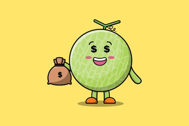 Cute cartoon Crazy rich Melon with money bag shaped funny in modern design illustration