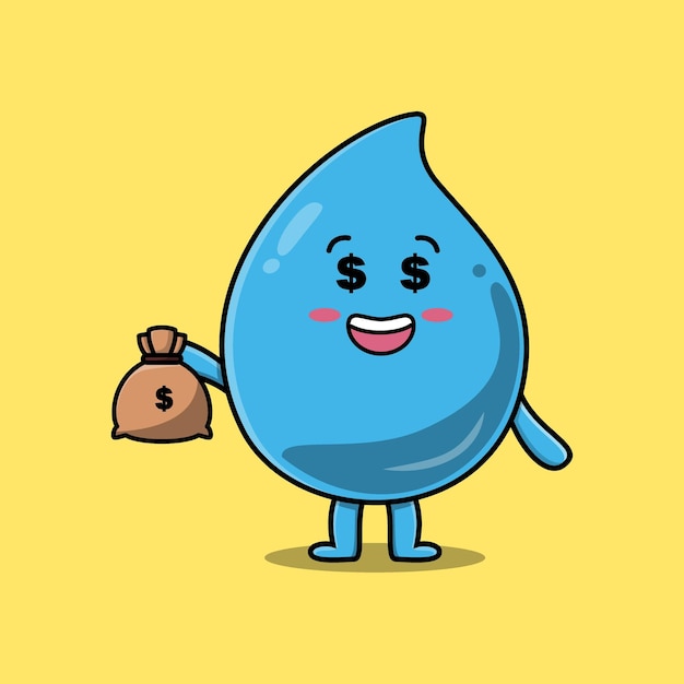 Cute cartoon Crazy rich water drop with money bag shaped funny in modern design