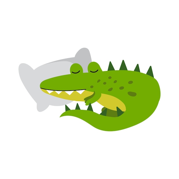 Vector cute cartoon crocodile character sleeping on a pillow vector illustration isolated on a white background