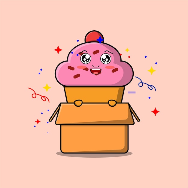 Cute cartoon Cupcake character coming out from box in flat style cartoon vector icon illustration