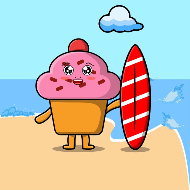 Vector cute cartoon cupcake character playing surfing with surfing board