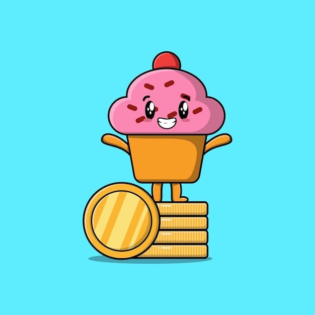 Cute cartoon Cupcake character standing in stacked gold coin vector illustration in flat cartoon