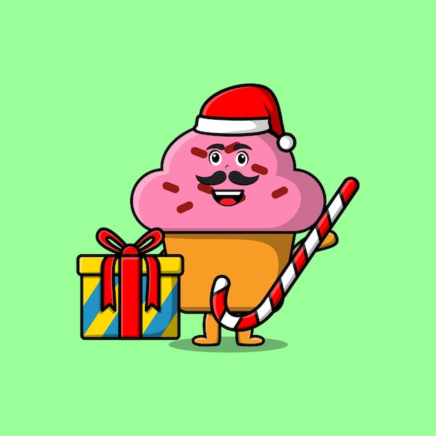 cute cartoon Cupcake santa clause character is bringing candy cane and boxes christmas