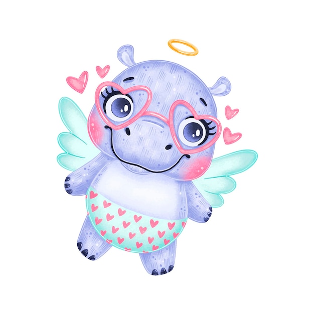  a cute cartoon cupid hippo isolated . Valentine's day animals.