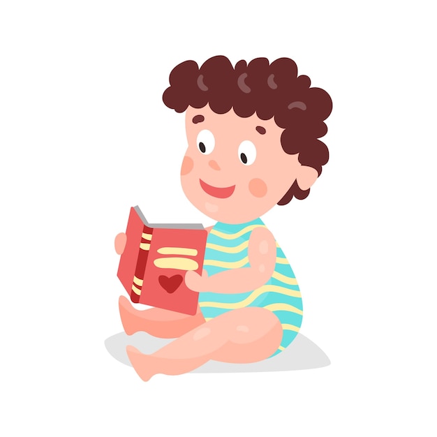 Cute cartoon curly toddler boy sitting on the floor and reading a book colorful character vector Illustration isolated on a white background