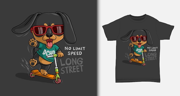 Cute cartoon dachshund riding scooter  with tshirt design