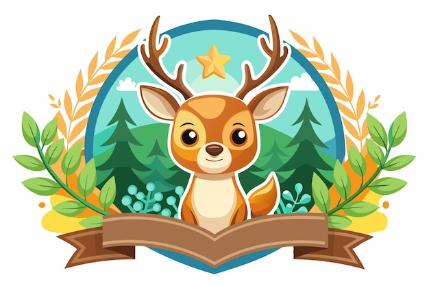 Vector cute cartoon deer with antlers in forest landscape with ribbon