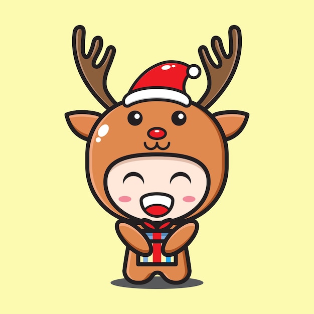 Cute cartoon deer with christmas gift