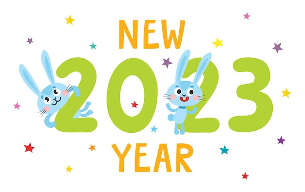 Cute cartoon design New Year card with rabbits and number 2023