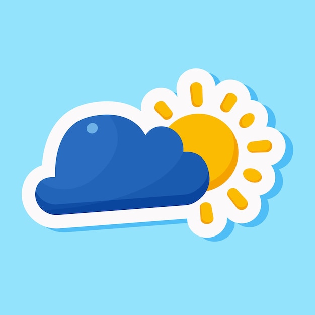 Cute cartoon design sticker with cloud and sun with ray Cloudy weather sky element summer climate children entertainment Isolated on blue background Vector illustration