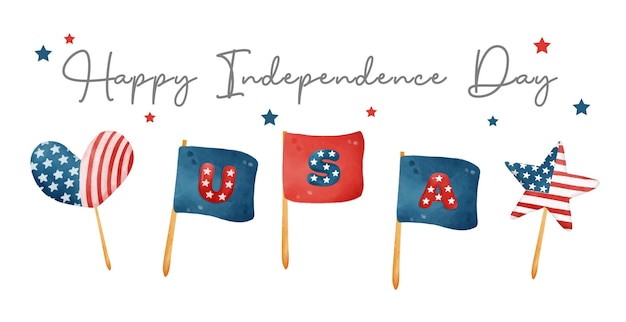 Cute cartoon Digital painting watercolor 4th of July USA Flag element Independence day element