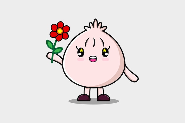 Cute cartoon Dim sum character holding red flower