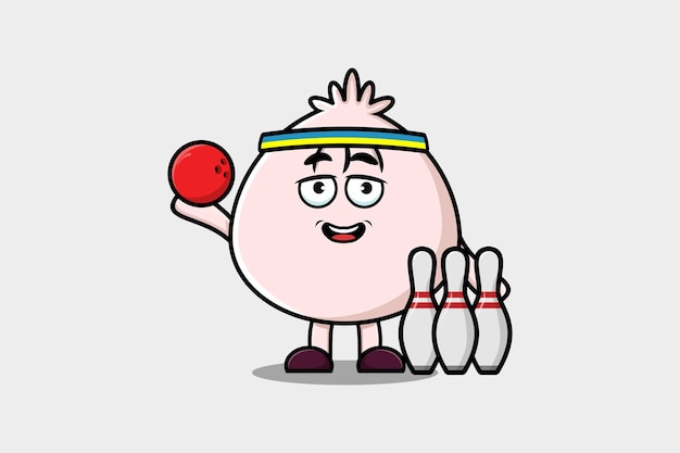 Cute cartoon Dim sum character playing bowling in flat modern style design illustration