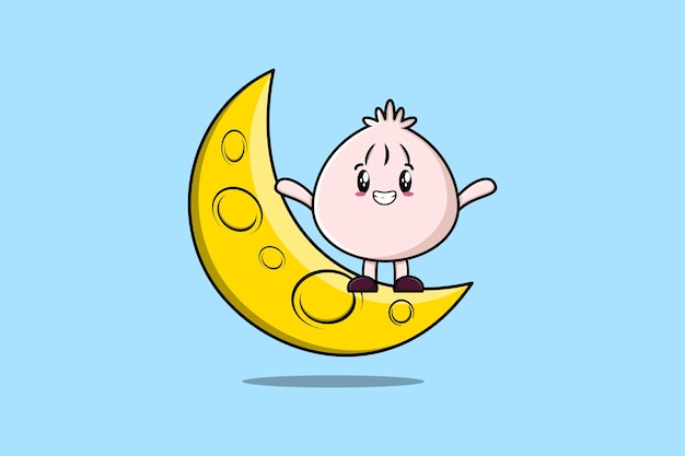 Cute cartoon Dim sum character standing on the crescent moon in 3d modern design illustration