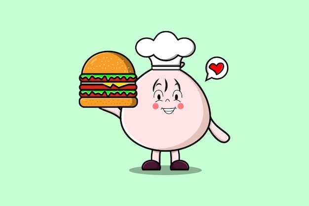 Cute cartoon Dim sum chef character holding burger in flat cartoon style illustration