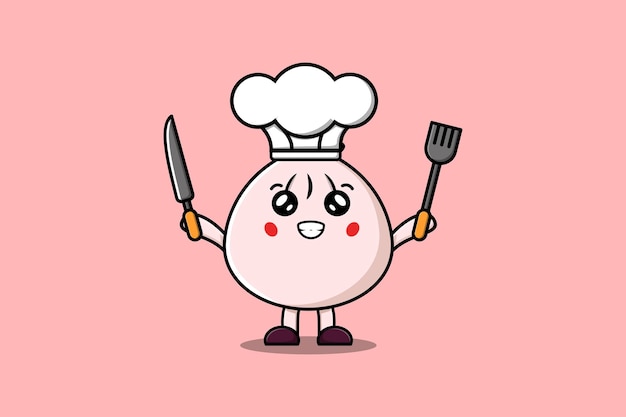 Cute cartoon Dim sum chef holding knife and fork