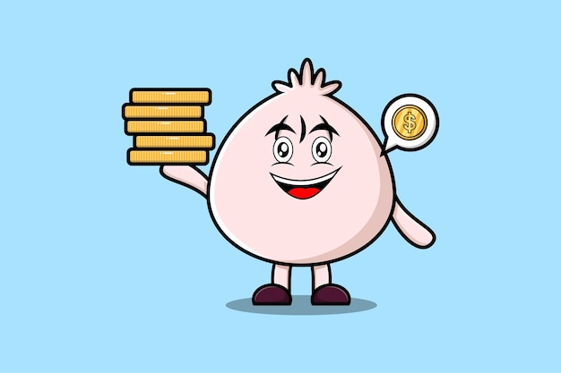 Cute cartoon Dim sum holding in stacked gold coin