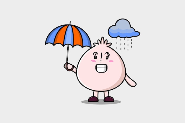 Cute cartoon Dim sum in rain and using an umbrella