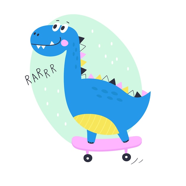 Vector cute cartoon dino rides on skateboard kids print vector illustration