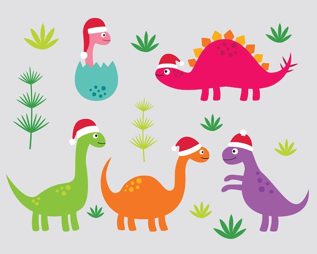 Vector cute cartoon dinosaurs in santa hats set