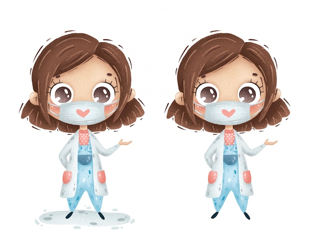 Cute cartoon doctor girl with brown hair and a medical face mask in a white coat on a white background