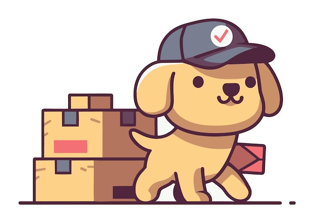 Cute cartoon dog in delivery uniform carrying a letter Pet with parcels ready to send mail vector illustration