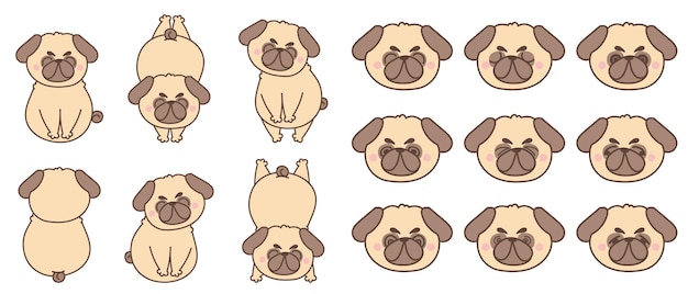 Cute cartoon dog pug character collection.