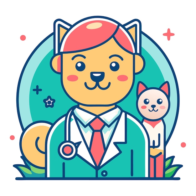 Vector cute cartoon dog wearing a doctor39s coat stethoscope and red tie