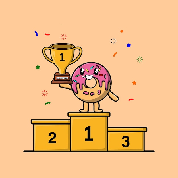 Cute cartoon donuts character as the first winner with happy expression in flat modern style design