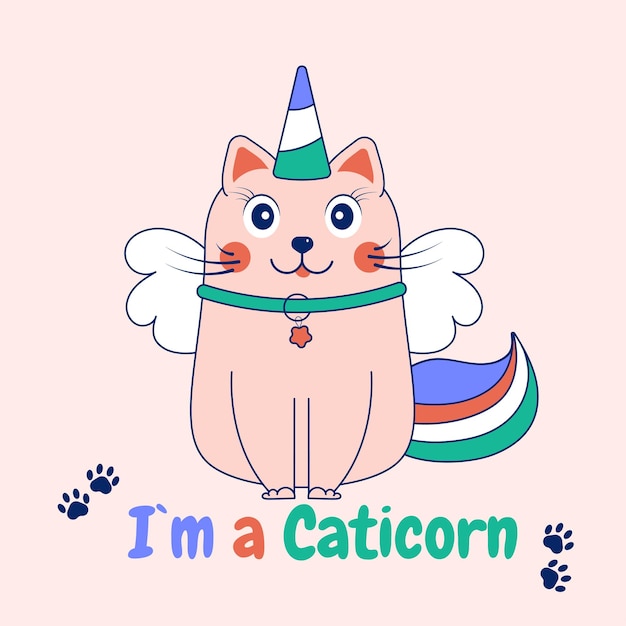 Cute cartoon doodle cat unicorn Card with the inscription unicorn