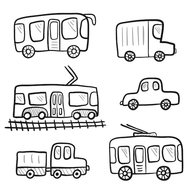 Cute cartoon doodle outline city transport for kids coloring books