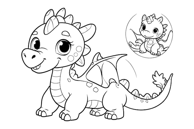 Cute cartoon dragon Color and black white illustration for coloring book