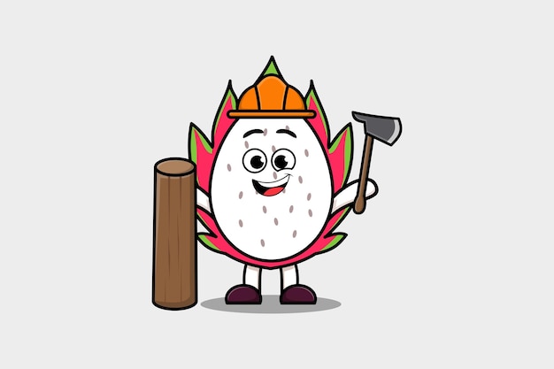 Cute cartoon Dragon fruit as carpenter character with ax and wood in flat modern style