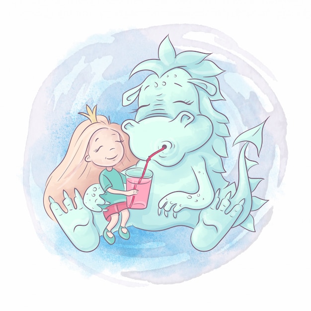 Cute cartoon dragon and princess girl are best friends. Watercolor illustration