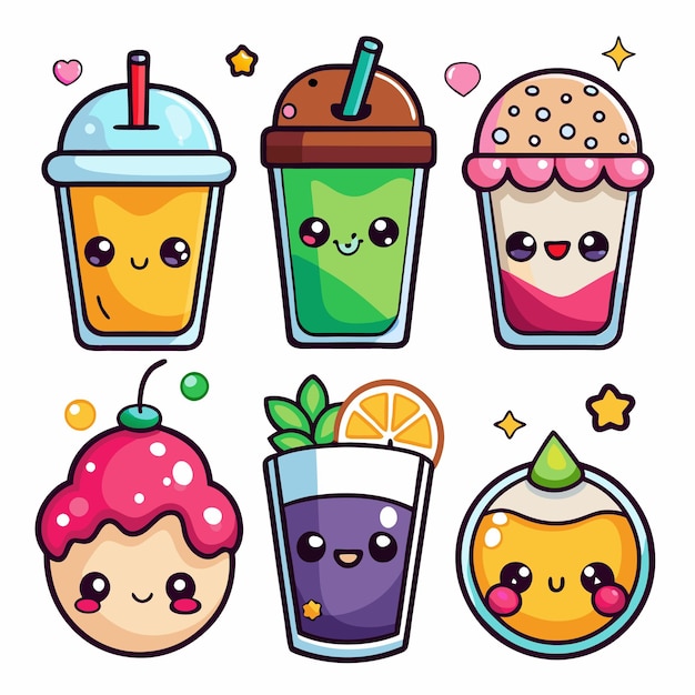 Vector cute cartoon drinks and desserts with kawaii faces