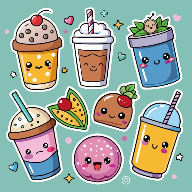 Vector cute cartoon drinks and desserts with kawaii faces