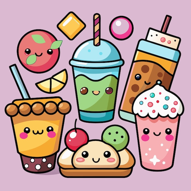 Vector cute cartoon drinks and desserts with smiling faces