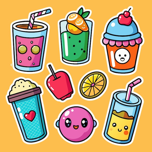 Vector cute cartoon drinks and fruits stickers for kids