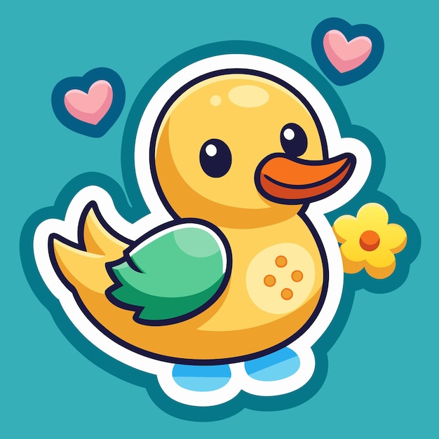 Vector cute cartoon duck with hearts and flowers