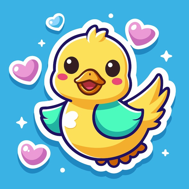 Cute cartoon duckling with hearts on blue background